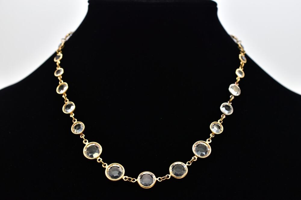 Vintage Clear Crystal Bezel Set Gold Chain Graduated Necklace Collar 1980s BinBM
